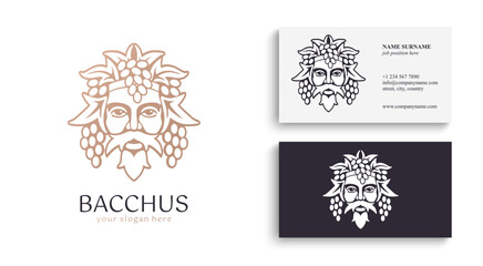 Logo Bacchus or Dionysus. Man face logo with grape berries and leaves. A style for winemakers or brewers. Sign for bar and restaurant.