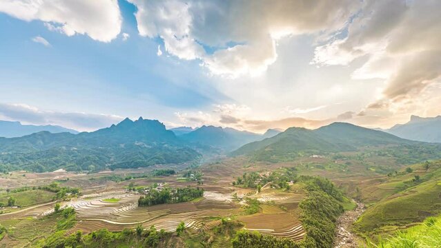 Aerial time lapse of rice terraces in Sang Ma Sao, Y Ty, Lao Cai province, Vietnam. Landscape panorama of Vietnam, terraced rice fields of Sang Ma Sao. Spectacular rice fields.
