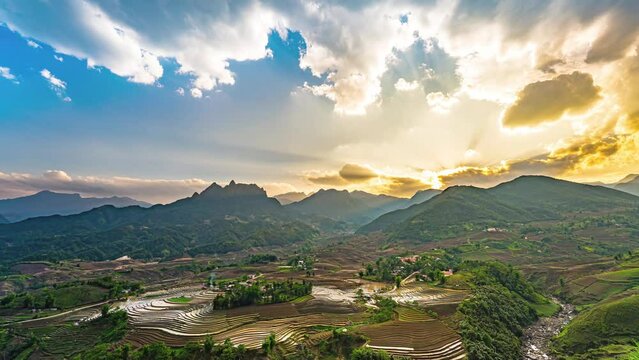 Aerial time lapse of rice terraces in Sang Ma Sao, Y Ty, Lao Cai province, Vietnam. Landscape panorama of Vietnam, terraced rice fields of Sang Ma Sao. Spectacular rice fields.