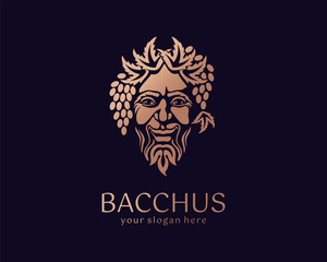 Logo Bacchus or Dionysus. Man face logo with grape berries and leaves. A style for winemakers or brewers. Sign for bar and restaurant.