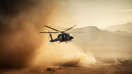 Fototapeta na wymiar generic military chopper crosses fire and smoke in the desert during an extraction mission, wide poster design with copy space area 
