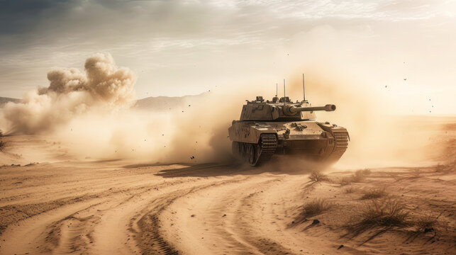 generic military armored vehicle crosses mine fields fire and smoke in the desert, wide poster design with copy space area
