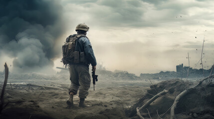 Special Forces Military soldier walking through destruction and battlefield warzone aftermath as wide banner with copyspace area for world war conflict concepts