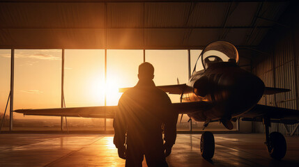sunset backlit view of military fighter jet pilot beside parked military airforce plane next to barracks or hangar as wide banner with copyspace area for world war conflicts 