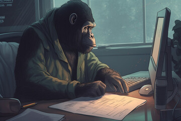 A ape sitting at a desk and using a computer to code | Generative Ai