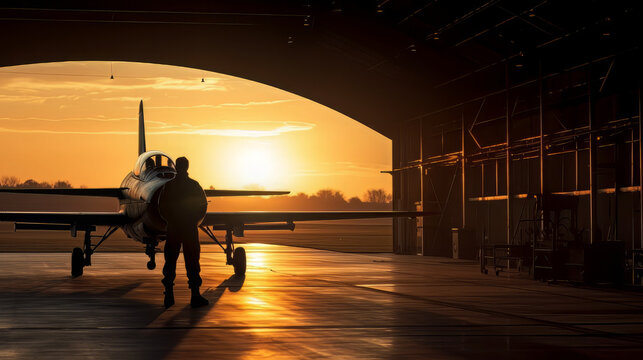 sunset backlit view of military fighter jet pilot beside parked military airforce plane next to barracks or hangar as wide banner with copyspace area for world war conflicts 