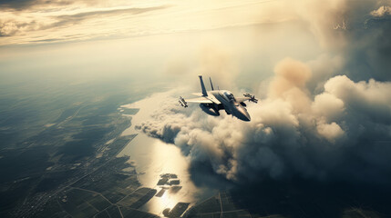 Naklejka premium aerial high view of a generic military fighter jet crosses over a target bombing location during a special operation,as wide banner with copyspace area for world war conflict concepts