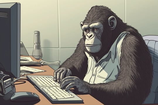 A ape sitting at a desk and using a computer to code | Generative Ai