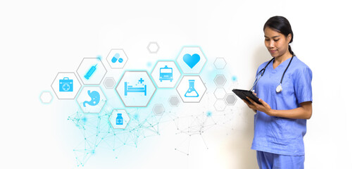 Woman physical therapist in blue uniform holding tablet computer with research icons in modern interface showing symbol of medicine innovation, treatment, discovery and healthcare analysis.