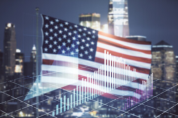 Multi exposure of virtual abstract financial diagram on US flag and city background, banking and accounting concept