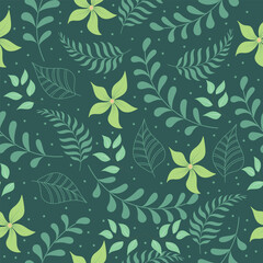 Seamless pattern with flowers and plants on green background for fabric, textile, wrapping, and wallpaper
