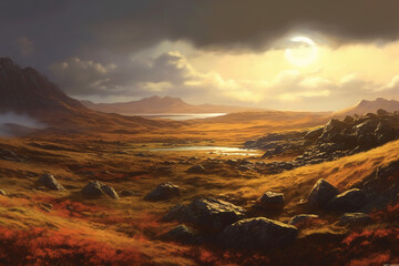 Fototapeta na wymiar The wild moors of Scotland, in the bright day, cold morning sun. AI generative