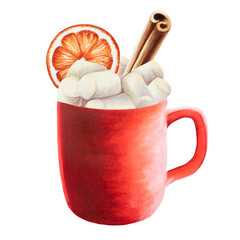 Watercolor Christmas cup of hot drink with marshmallows, cinnamon stick and orange. New year hand painting red mug isolated on white background. For designers, food decoration, menu, shop, for 
