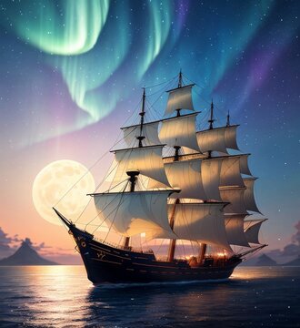 Floating ship, night sky, brights stars, northern lights, Generative AI Art Illustration 04