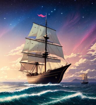Floating ship, night sky, brights stars, northern lights, Generative AI Art Illustration 02