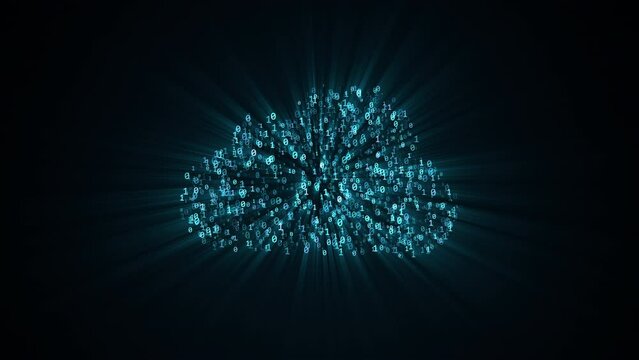 Cloud technology conception, chaotically slow moving zero and one real digits as a symbol of binary creating a 3D cloud shape on black background