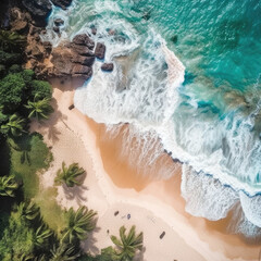 Fototapeta premium Aerial photograph of a paradise beach where the suns of the sea break on the shore.
