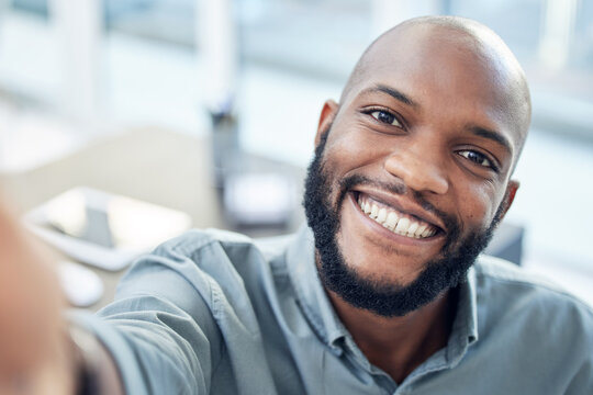 Happy selfie and business with black man in office for social media, network or professional. Smile, happiness and pride with portrait of male employee and picture for entrepreneur, creative or pride