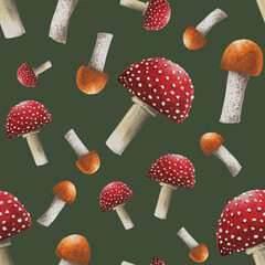 Autumn watercolor fly agaric isolated seamless pattern on white background. Seasonal autumn elements. Thanksgiving, Halloween illustration for designers, scrapbooking