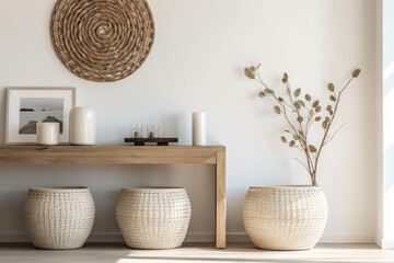 Baskets as decoration in a minimalist living room with soft beige colors. Minimalist interior decoration concept. Generative AI