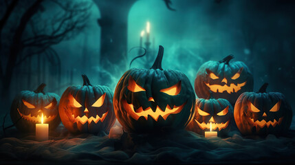 Scary halloween pumpkins with dark background.