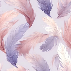 Fototapeta na wymiar Luxury, delicate and tender seamless pattern background with elegant pink feathers. AI illustration. Boho style texture. For textile, fashion, fabric, wrapping paper, card.