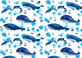 水彩タッチ　青いクジラとイルカのパターン