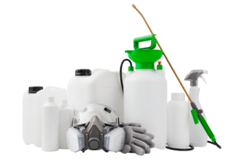 Disinfection, fertilizer and pesticide products isolated on white background. Protective respirator mask, pump pressure sprayer and spray bottles for gardening and housekeeping