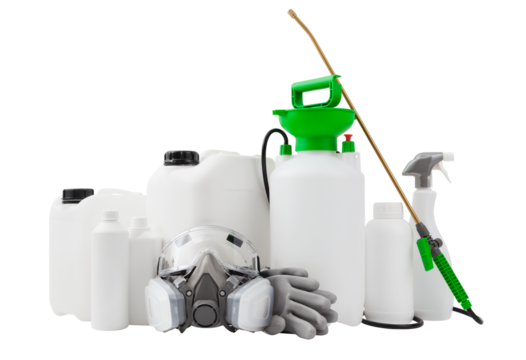 Disinfection, fertilizer and pesticide products isolated on white background. Protective respirator mask, pump pressure sprayer and spray bottles for gardening and housekeeping