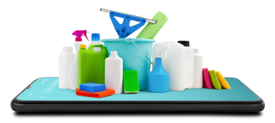 Housekeeping products from smartphone isolated on white background. Bucket, squeegee, spray bottles, detergents, sponges, cleaning and disinfection equipment. Online shopping commerce concept