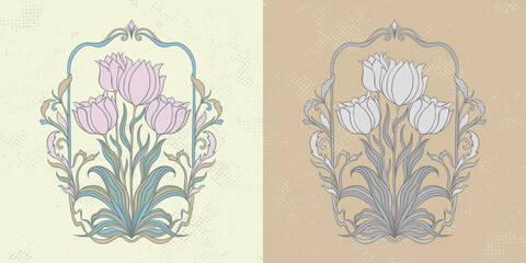 Frame with a tulip in the style of Art Nouveau. Beautiful vintage tulip floral composition 1920-1930 years.