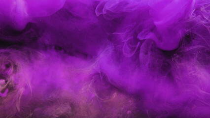 Color steam cloud. Abstract background. Ink water. Vapor floating. Magic spell. Purple glowing smoke glitter dust particles art texture on dark.