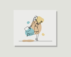 continuous single one line drawing vector design illustration of a business woman walk and hold briefcase wearing formal suit in boho style design
