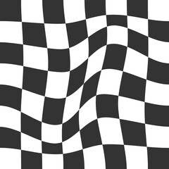 Distorted chessboard background. Psychedelic pattern with warped black and white squares. Race flag or plaid texture. Trippy checkerboard surface. Checkered visual illusion