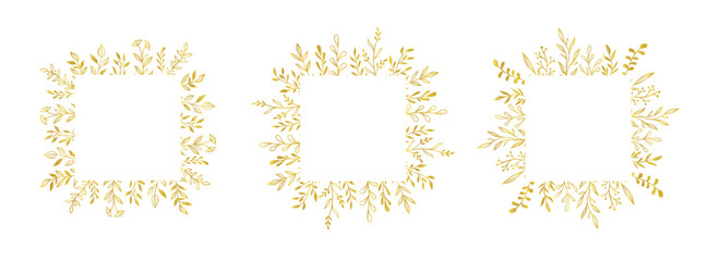 Gold floral square border set. Vector golden floral leaf wreath border. Wedding square frame design. Hand drawn rustic flourish elegant rectangle frame. Vector illustration