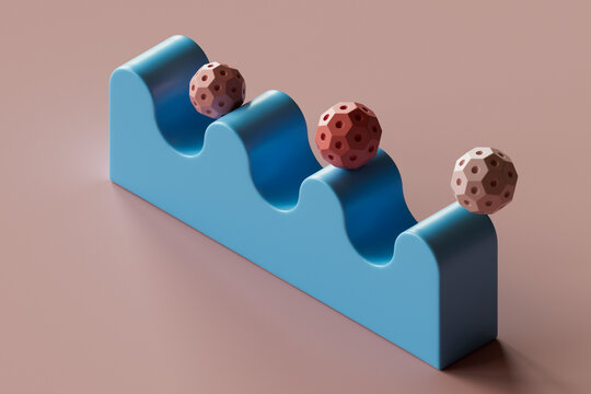 3D render of spheres bouncing on wavy object