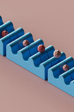 3D render of spheres bouncing on wavy objects
