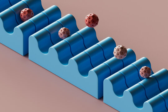 3D render of spheres bouncing on wavy objects