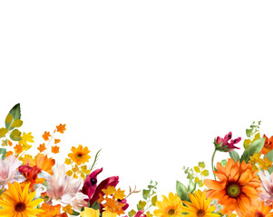 Wild flowers in warm orange, red and yellow autumn colors on a white background, ideal for cards, wallpapers and banners, copy space, shallow depth of field, Illustrative Generative AI