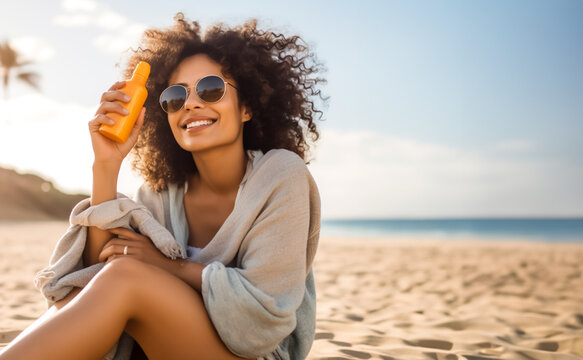 Young woman sitting in the sand on a beach in the summer, holding a bottle of sun block lotion. Concept of skin care and protection from sun burns during summer time. Illustrative Generative AI. 