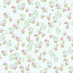 Floral pattern. Beautiful flowers on a light background. Print with small pink and blue flowers. Seamless vector texture. Spring bouquet. Stock vector.