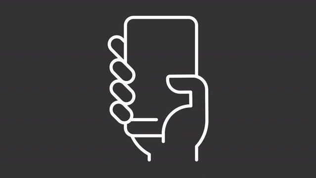 Animated phone in hand white icon. Person holding mobile phone line animation. Scroll down. Seamless loop HD video with alpha channel, transparent background. Motion graphic design for night mode