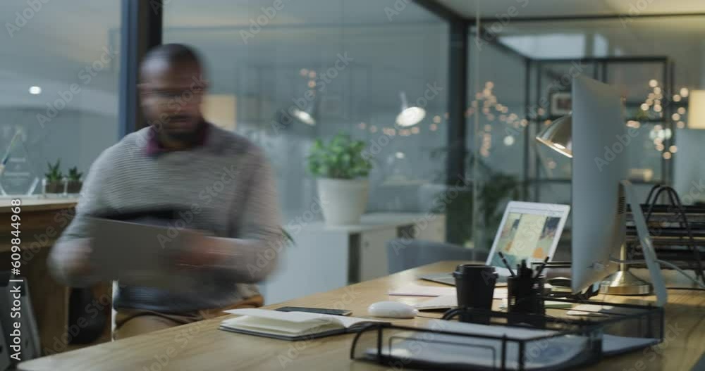 Poster black man at computer, night and productivity time lapse, schedule and business plan deadline and pa