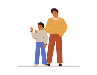 Happy father and teen son stand together and welcoming someone. Dad cares and is proud of his child boy. Good relationship and trust between generations concept. Vector illustration.