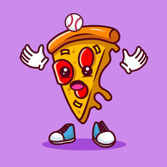Vector illustration of kawaii pizza cartoon character with baseball bat and ball. Vector eps 10