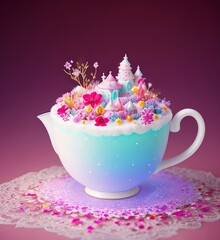 Obraz na płótnie Canvas Amazing fairy tale tea pot, mix of raspberry , cranberry , creamy ice cream, Generative AI Art Illustration 05