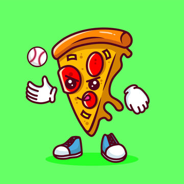 Vector illustration of kawaii pizza cartoon character with baseball bat and ball. Vector eps 10