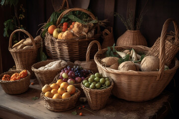 A still-life composition of wicker baskets filled with local produce, depicting a rustic and pastoral scene, showing the practical and beautiful uses of basketry.