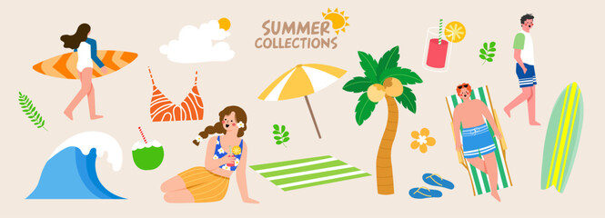summer collection illustration. Banner, vector, coconut tree, human, Bikini, coconut, surfboard, wave