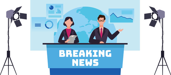 Journalist. Newscaster professional. Man and woman broadcasting news in studio with equipment. Live television, real time broadcast. Media cartoon flat isolated vector illustration